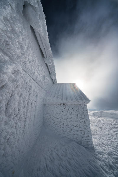 Rifugio Duca degli Abruzzi covered with ice, Campo Imperatore, L'Aquila province, Abruzzo, Italy, Europe
