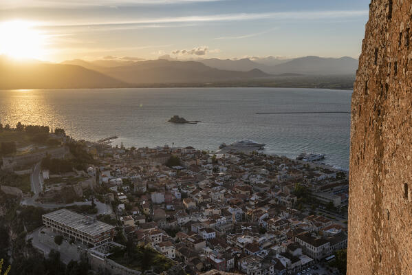 The town of Nafplio from fortress of Palamidi, Nafplio, Peloponnese, Greece, Europe 
