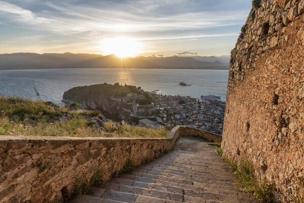 The town of Nafplio from fortress of Palamidi, Nafplio, Peloponnese, Greece, Europe 