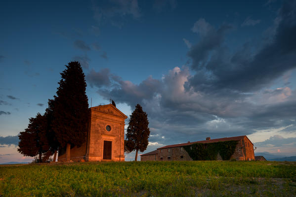 Church Vitaleta at sunset, Orcia Valley, Siena district, Tuscany, Italy.