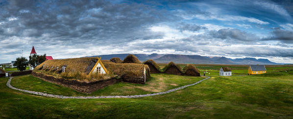 Panoramic photo of Glaumbaer historical museum, the oldest farm in Iceland, Skagafjordur, Northern Iceland
