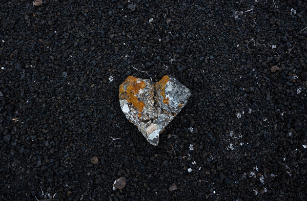 A stone on the black volcanic sand, Timanfaya National Park, Lanzarote, Canary island, Spain, Europe