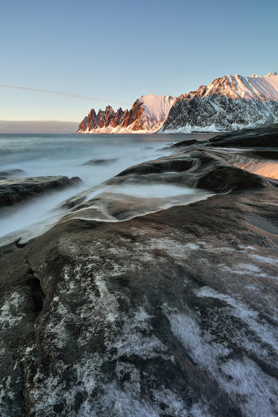 the Devil's teeth Mountain at sunset, Ersfjorden, Senja, Northern Norway, Europe.