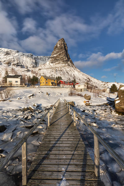 The iconic Hammmarskaftet mountain in Reine village in winter day, Lofoten Islands, Northern Norway, Europe