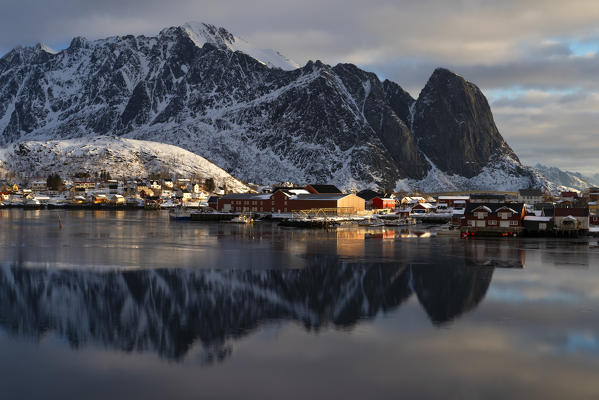 The beautiful and iconic Reine village at sunrise in winter day, Lofoten Islands, Northern Norway, Europe