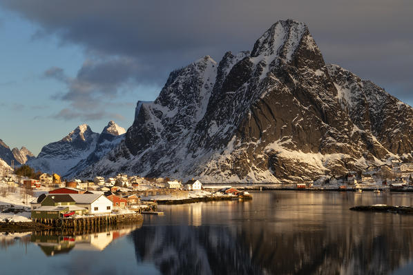 The beautiful and iconic Reine village at sunrise in winter day, Lofoten Islands, Northern Norway, Europe