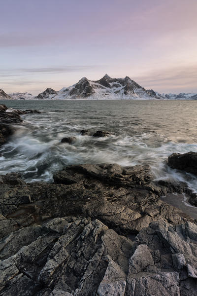 A magical winter sunset around Flakstad beach, Lofoten Islands, Northern Norway, Europe