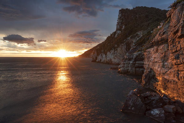 summer sunset along Ligurian coast, municipality of Portovenere, La Spezia province, Liguria, Italy, Europe