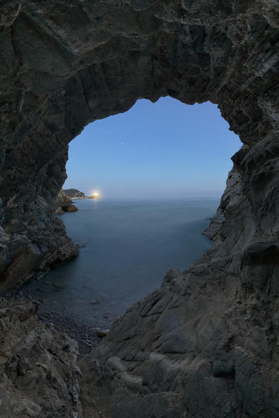 sunset from the cave, overlooking the island of Palmaria, Porto Venere, La Spezia province, Liguria district, Italy, Europe