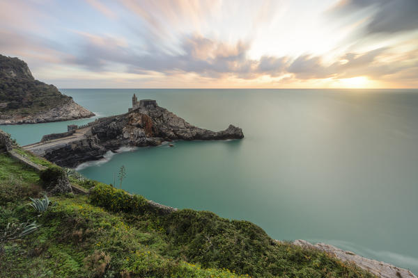 A panoramic view of the church of San Pietro located above the cliffs, municipality of Porto Venere, province of La Spezia, Liguria district, Italy, Europe