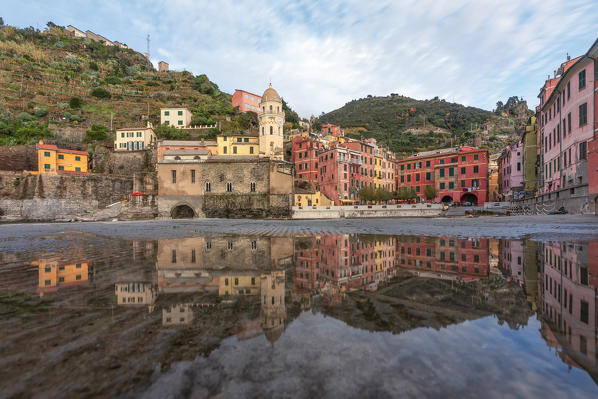 the old village of Vernazza, reflected in the pool, Cinque Terre, World Heritage Site, La Spezia province, Liguria district, Italy, Europe.