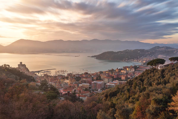 the town of Lerici taken with a long exposure during a beautiful winter sunset, municipality of Lerici, La Spezia province, Liguria district, Italy, Europe