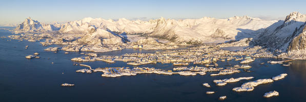 aerial panoramic view taken by drone of Svolvaer village, municipality of Vagan, Austvagoya, Lofoten island, Norway, Scandinavia, Europe