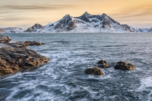 A magical winter sunset around Flakstad beach, Lofoten Islands, Northern Norway, Europe