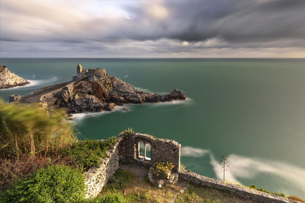 a long exposure to capture the spring sunset at the Church of San Pietro, Unesco World Heritage Site, municipality of Porto Venere, La Spezia province, Liguria district, Italy, Europe