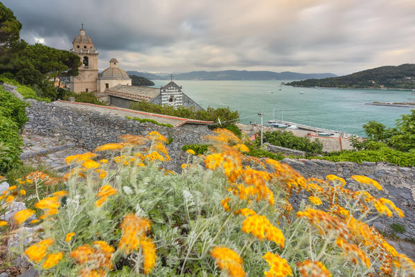 a long exposure to capture the spring sunset at the Church of San Lorenzo, Unesco World Heritage Site, municipality of Porto Venere, La Spezia province, Liguria district, Italy, Europe