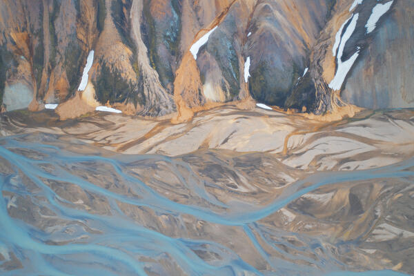 aerial abtsract taken by drone of icelandic river during a summer day, Landlammalaugar, Sudurland, Iceland, Europe