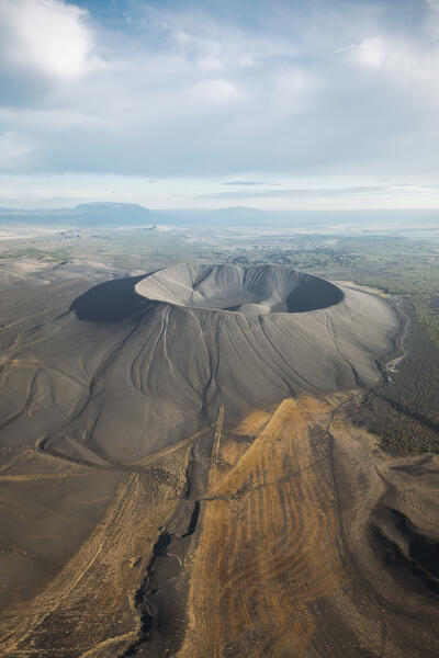 aerial view taken by drone of Hverfjall volcano during a summer day, Norduland, Mivathn, Eastern Iceland, Iceland, Europe.