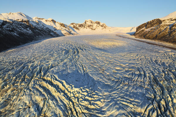 aerial view taken by drone of Skaftafellsjokull glacier, Austurland, Iceland, Europe