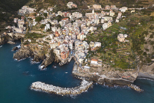 aerial view of the historic villag of Riomaggiore, National Park of Cinque Terre, municipality of Riomaggiore, La Spezia province, Liguria district, Italy, Europe