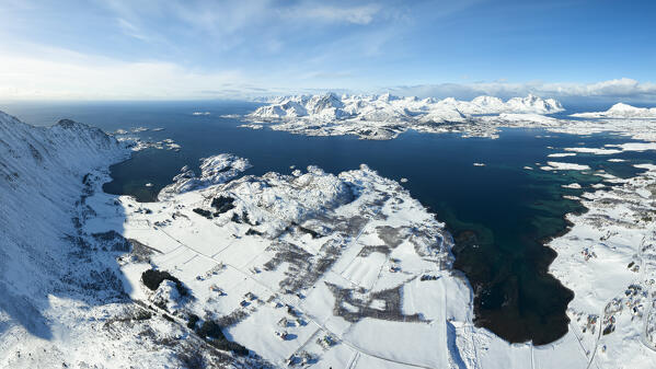 panoramic aerial view taken by drone at Leknes bay during a winter day, Vestvagoy, Lofoten island, Norway, Europe