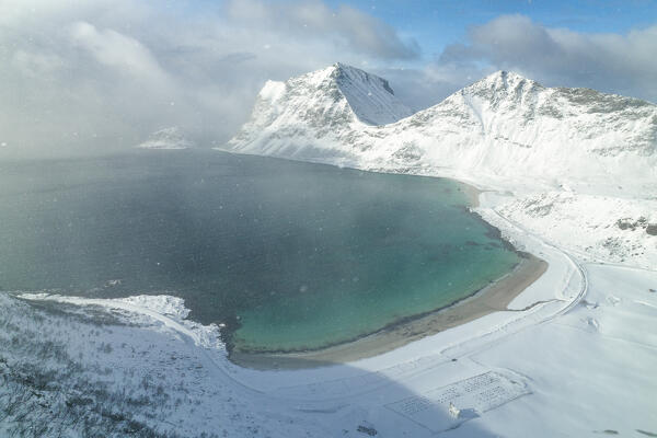 panoramic aerial view taken by drone at Haukland beach during a winter day, Vestvagoy, Lofoten island, Norway, Europe