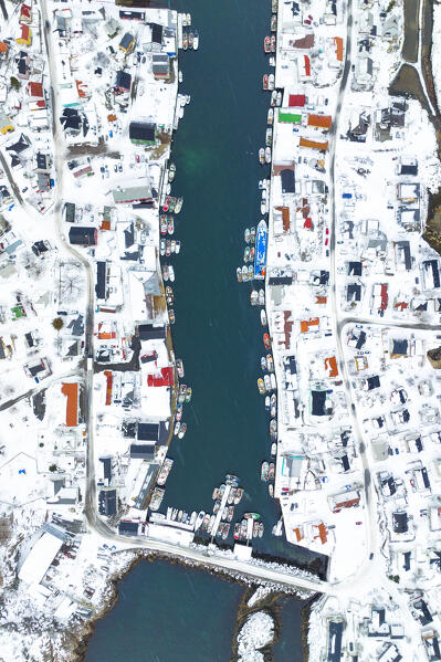 aerial vertical view taken by drone of famous fisherman village of Henningsvaer, Lofoten island, Norway, Europe