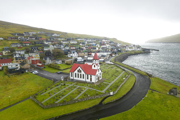 aerial view taken by drone of Sandavagur during an autumn day, Vagar, Faroe island, Denmark, Europe