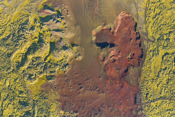 aerial abstract view, taken by drone, of icelandic coloured surface during an autumn day, Iceland, Europe