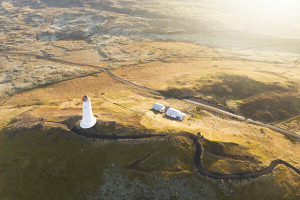 aerial view taken by drone of Reykjanes Lighthouse, during an autumn day, Iceland, Europe