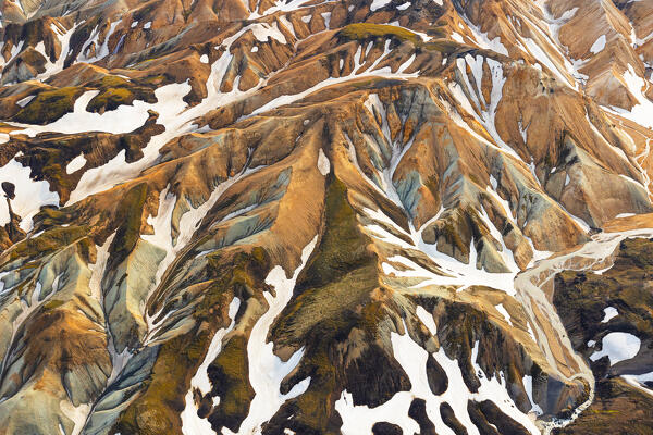 aerial view taken by drone of natural texture in Landmannaugar area during a summer day, Iceland, Europe