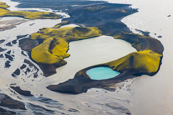 aerial view shooted by airplane of incredible torquoise volcanic Skafta lake in icelandic highlands, Iceland, Europe