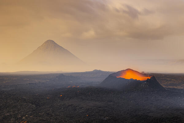 a long exposure to capture the sunset at of Litli-Hrutur volcano during eruption, Reykjanes peninsula, Iceland, Europe
