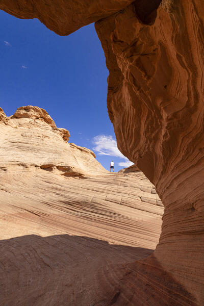 A boy admires the beautiful landscape of rock formations near the town of Page, Arizona, United States of America
