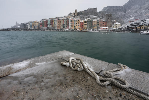 snow on Portovenere harbour, municipality of Portovenere, La Spezia province, Liguria, Italy, Europe