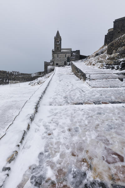 snow on San Pietro Church, municipality of Portovenere, La Spezia province, Liguria, Italy, Europe