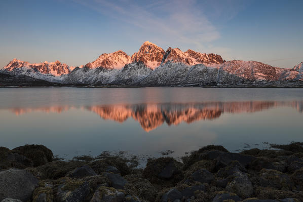 sunset at Vatterfjorden, municipality of Vagan, Lofoten Island, Norway, Europe