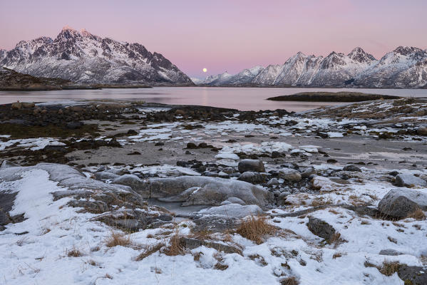 full moon on Austnesfjorden, municipality of Vagan, Lofoten Island, Norway, Europe