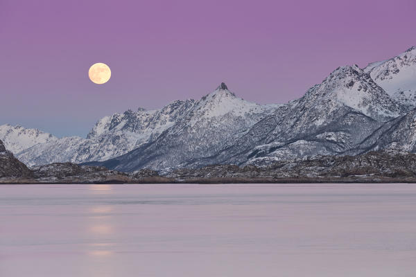 full moon on Austnesfjorden, municipality of Vagan, Lofoten Island, Norway, Europe