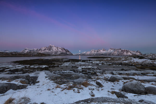 full moon on Austnesfjorden, municipality of Vagan, Lofoten Island, Norway, Europe