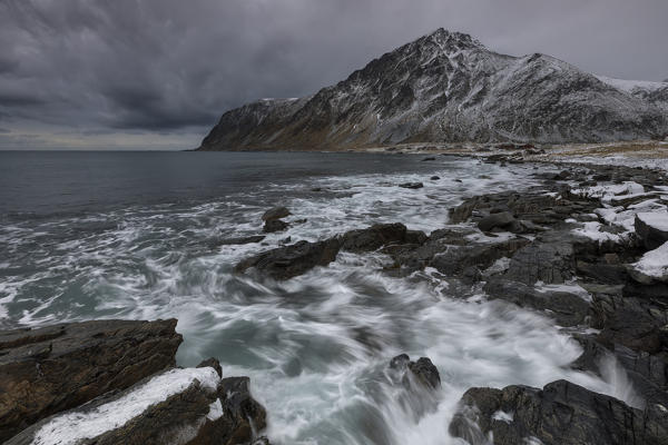 sea scape in Vareid whit Hustinden mountain, municipality of Flakstad, Lofoten Island, Norway, Europe