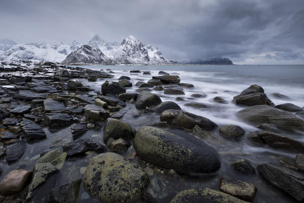 sea scape in Vareid, municipality of Flakstad, Lofoten Island, Norway, Europe