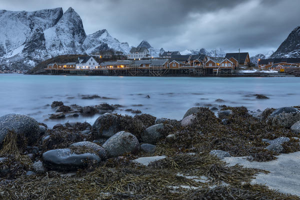 typical village of Sakrisoya, municipality of Moskenes, Lofoten Island, Norway, Europe