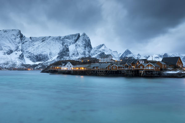 typical village of Sakrisoya, municipality of Moskenes, Lofoten Island, Norway, Europe