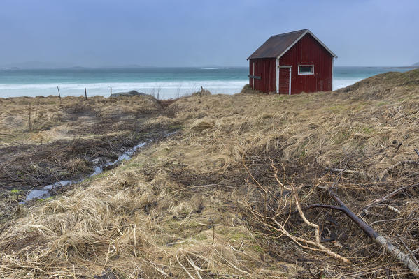 Rorbuer on the beach, municipality of Flakstad, Lofoten Island, Norway, Europe