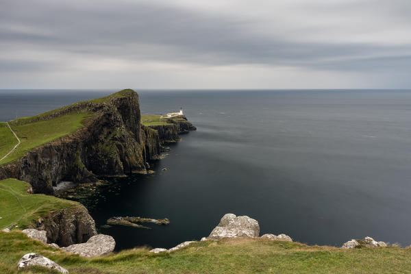 cloudy day at Neist Point Lighthouse, Isle of Skye, Inner hebrides, Scotland, Europe