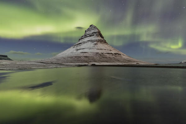 Northen Lights over Kirkjufell mountains, Vesturland, Western Iceland, Europe