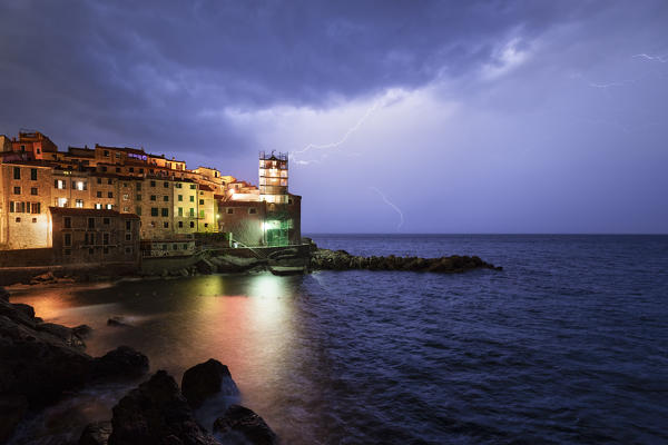 Summer evening with lightning at Tellaro, municipality of Lerici, La Spezia province, Liguria, Italy, Europe
