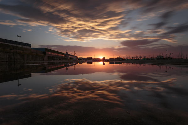 Fano harbor reflection at sunset, Pesaro Urbino, Le Marche, Italy