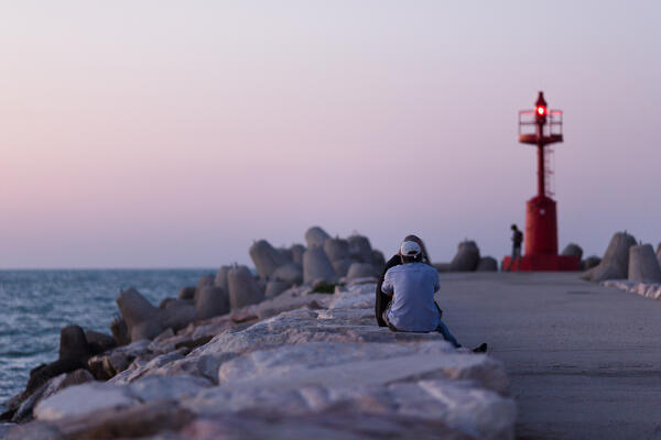 Fano headlight at dusk, Pesaro Urbino province, Marche, Italy